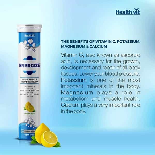 Healthvit Energize Electrolytes Energy Drink And Instant Hydration Sports Drink - Lemon Flavour