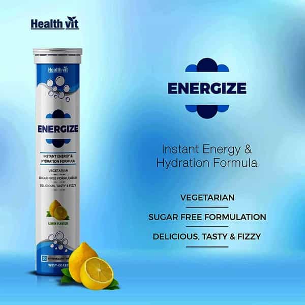Healthvit Energize Electrolytes Energy Drink And Instant Hydration Sports Drink - Lemon Flavour