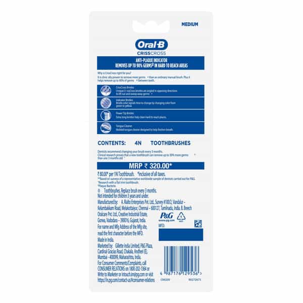 Oral-B Criss Cross - Family Pack Of 4 Toothbrushes Medium | For Adults | Manual | Multicolor