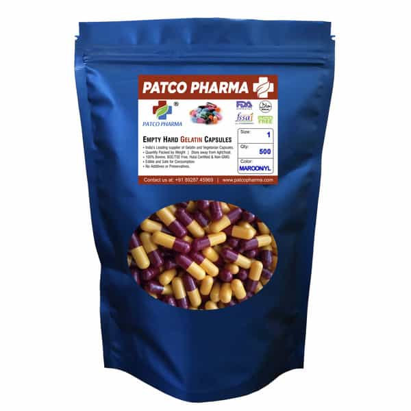 Patco Pharma- Size 1 Maroon/Yellow Empty Gelatin Pill Capsule Halal Certified|Diy Powder Filling.