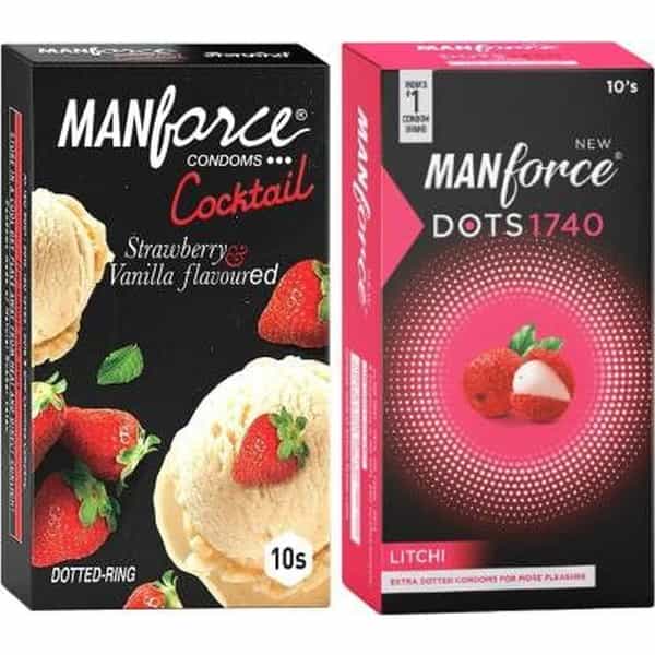 Manforce Cocktail Strawberry+Vanilla & Extra Dotted Litchi Flavoured Condoms(Set Of 2 20 Pcs)
