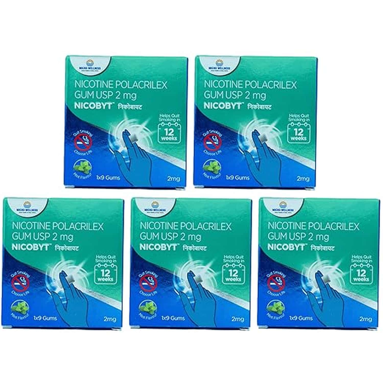 Nicobyt Nicotine Polacrilex Gum U.s.p 2mg - |mint Flavoured| 9 Chewing Gums X Pack Of 5