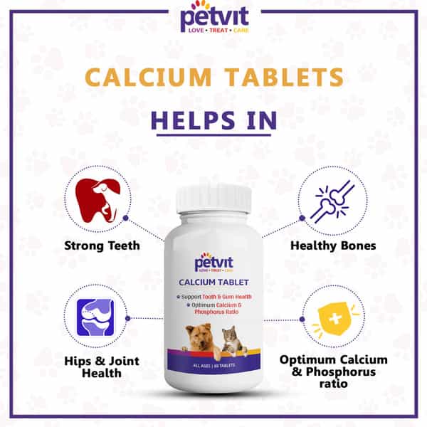 Petvit Calcium For Dog And Cat For Stronger Bones Teeth-Growth In Pet For All Age Group 60Tablets