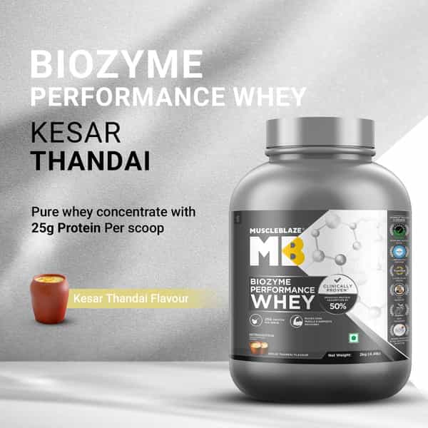 Muscleblaze Biozyme Performance Whey Protein | Kesar Thandai | 2Kg | 25G Protein Per Scoop