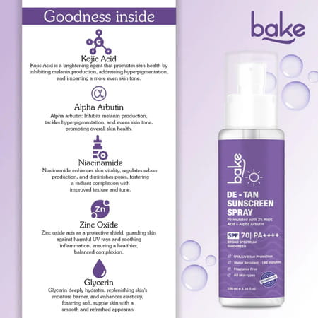 Bake De-Tan Sunscreen Spray Spf 70 Pa++++ With 2% Kojic Acid & Alpha Arbutin - 100Ml