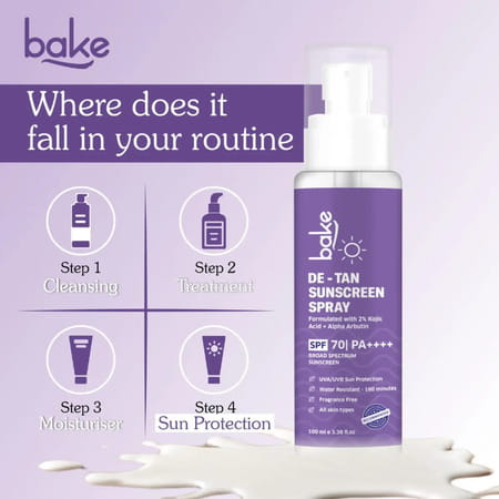 Bake De-Tan Sunscreen Spray Spf 70 Pa++++ With 2% Kojic Acid & Alpha Arbutin - 100Ml