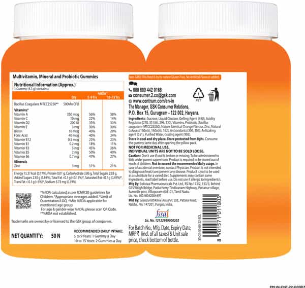 Centrum Kids|Supports Overall Health (Veg) |World's No.1 Multivitamin (50 Gummies)