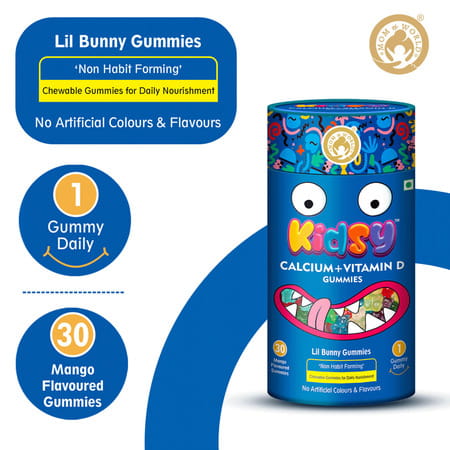 Mom & World Kidsy Calcium + Vitamin D Gummies For Kids Chewable Gummies- 30 (Mango Flavoured)