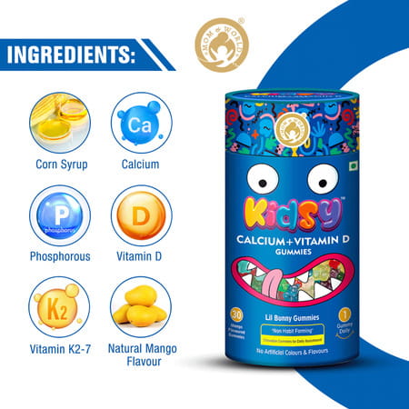 Mom & World Kidsy Calcium + Vitamin D Gummies For Kids Chewable Gummies- 30 (Mango Flavoured)