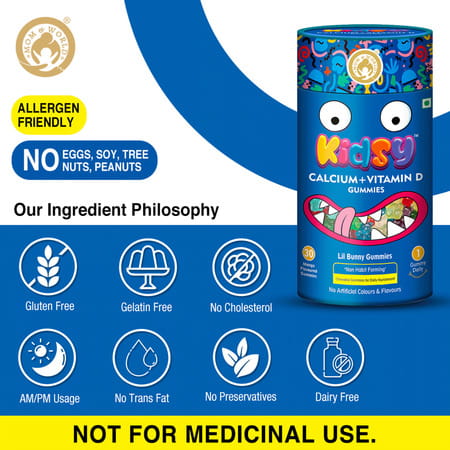 Mom & World Kidsy Calcium + Vitamin D Gummies For Kids Chewable Gummies- 30 (Mango Flavoured)