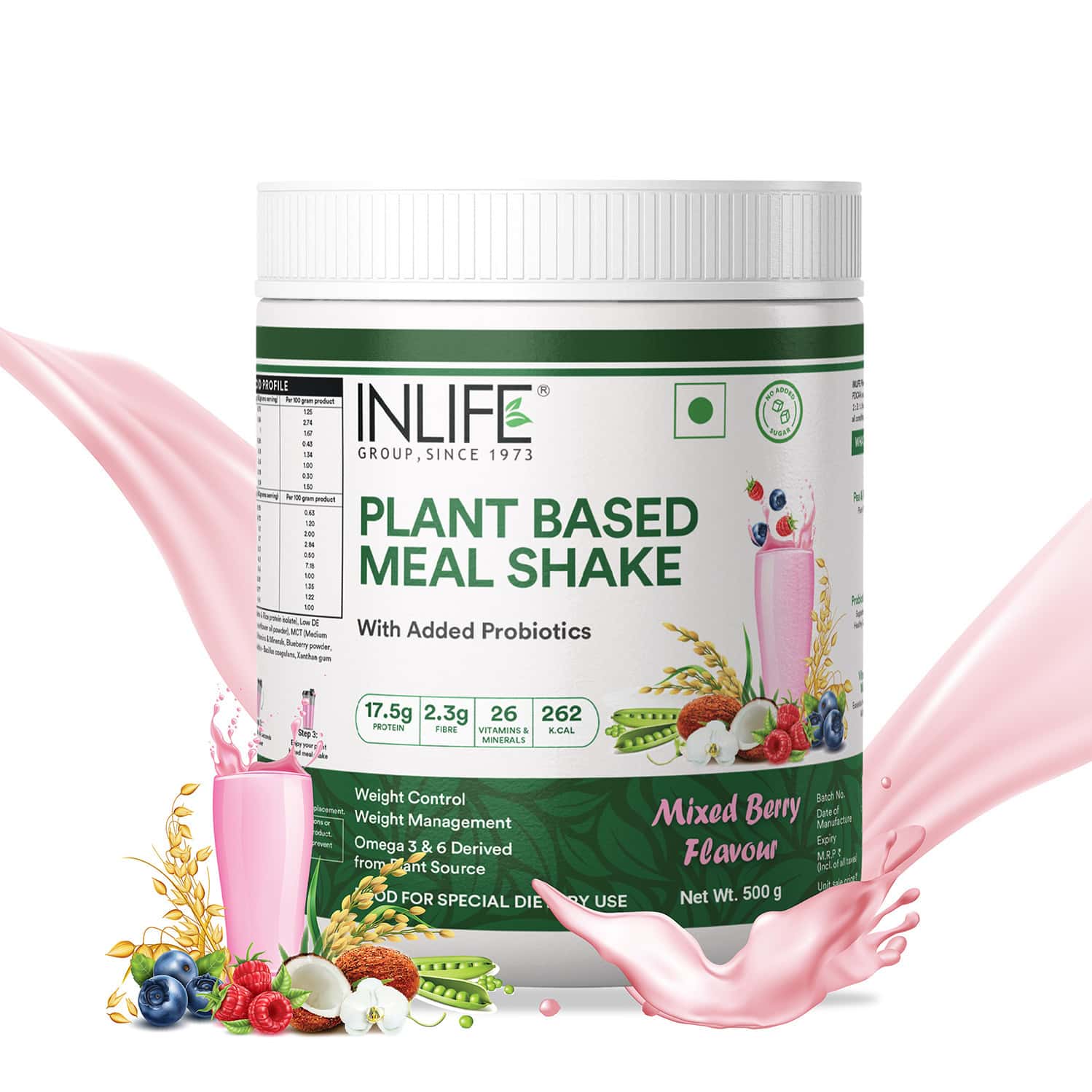 Inlife Plant Based Meal Replacement Shake | Plant Protein Powder (17.5 Protein) | 500g (mixed Berry)