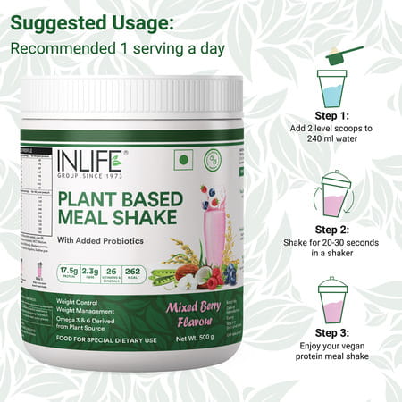 Inlife Plant Based Meal Replacement Shake | Plant Protein Powder (17.5 Protein) | 500g (Mixed Berry)
