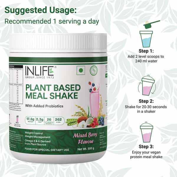 Inlife Plant Based Meal Replacement Shake | Plant Protein Powder (17.5 Protein) | 500G (Mixed Berry)
