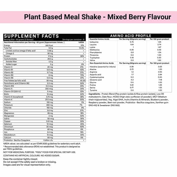 Inlife Plant Based Meal Replacement Shake | Plant Protein Powder (17.5 Protein) | 500G (Mixed Berry)