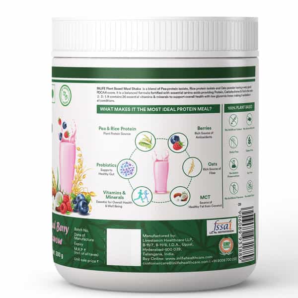 Inlife Plant Based Meal Replacement Shake | Plant Protein Powder (17.5 Protein) | 500G (Mixed Berry)