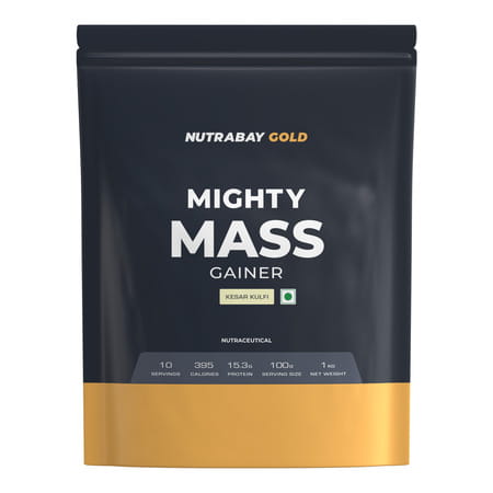 Nutrabay Gold Mighty Mass | Weight Gainer Supplement Powder - 1kg | Kesar Kulfi