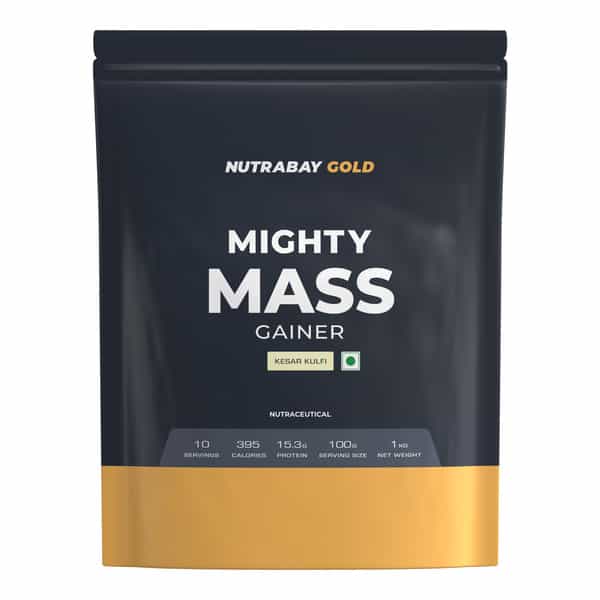 Nutrabay Gold Mighty Mass | Weight Gainer Supplement Powder - 1Kg | Kesar Kulfi