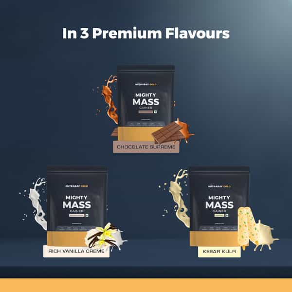 Nutrabay Gold Mighty Mass | Weight Gainer Supplement Powder - 1Kg | Kesar Kulfi