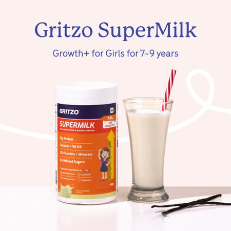 Gritzo Supermilk Growth+ (7-9y Girls) | 10g Protein Powder (Creamy Vanilla | 400g)
