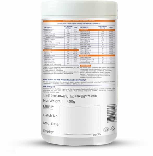 Gritzo Supermilk Growth+ (7-9Y Girls) | 10G Protein Powder (Creamy Vanilla | 400G)