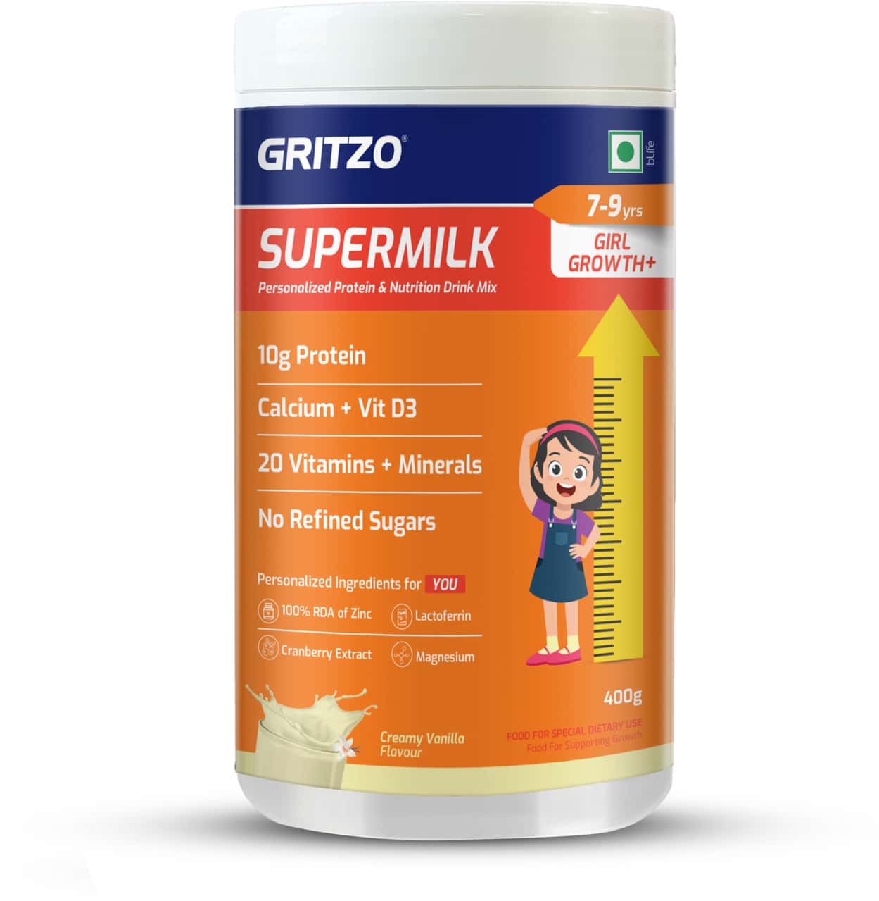 Gritzo Supermilk Height+ (7 - 12y Girls) 10g Protein (creamy Vanilla - 400g) | Zero Refined Sugar