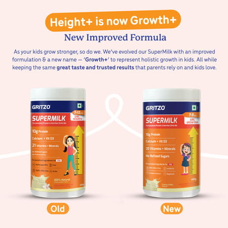 Gritzo Supermilk Growth+ (Formerly Height+) (7-9y Girls) | 10g Protein (Creamy Vanilla | 400g)