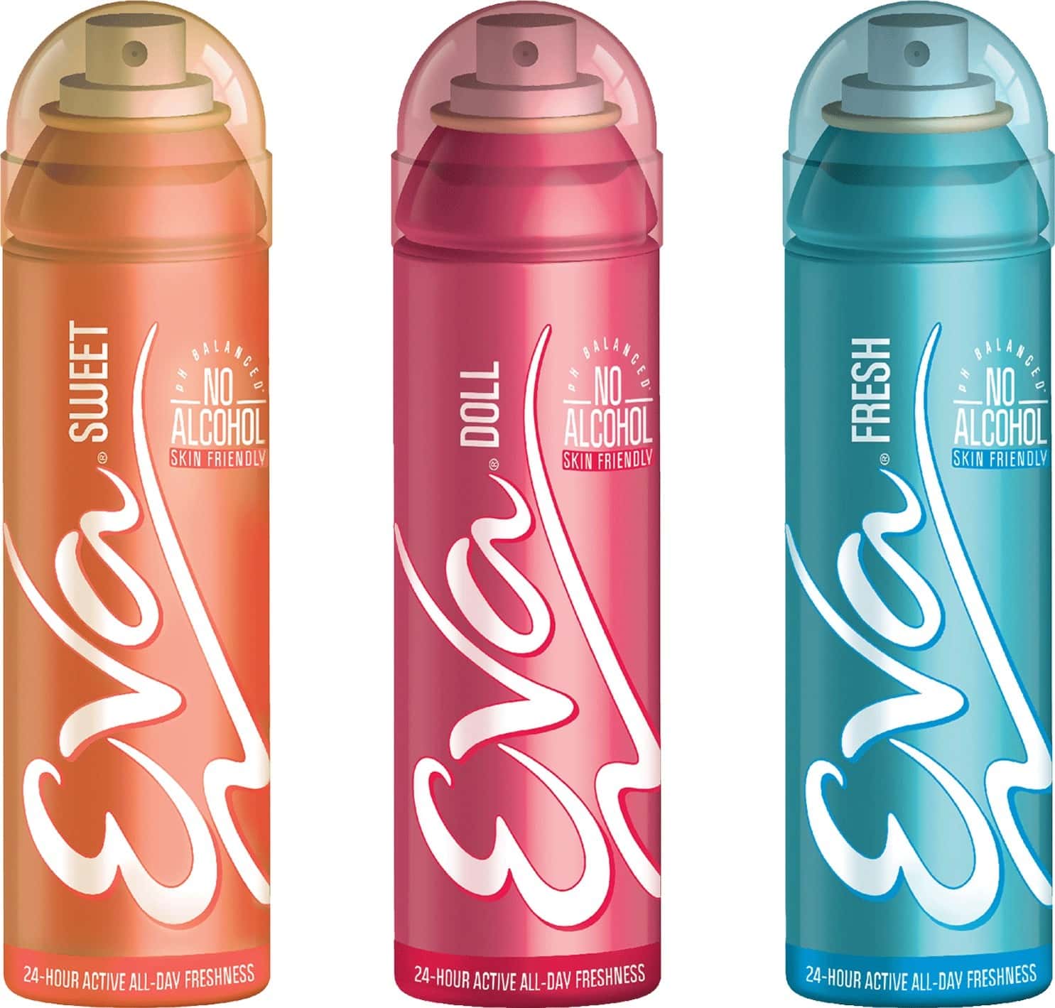 Eva Perfumed Deodrant Skin Friendly Body Spray For Woman Sweet Fresh & Doll 150ml ( Pack Of 3)