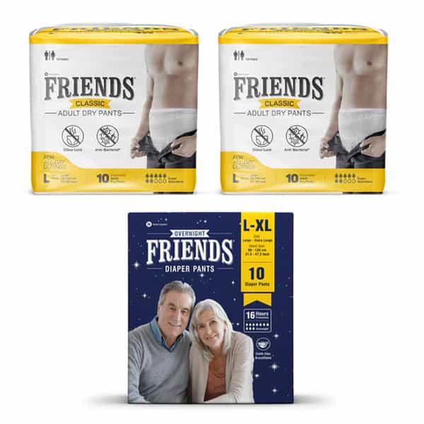 Friends Classic Adult Dry Pants Large - 20 Pcs + Overnight Diaper Pants Large 10 Pcs | Combo