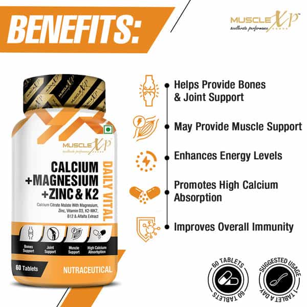 Musclexp Calcium + Magnesium + Zinc & K2-Mk7 Daily Vital 60 Tablets