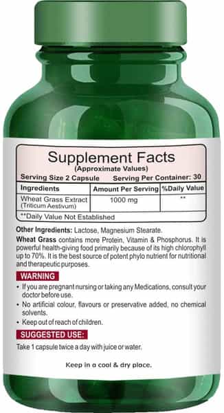 Healthmeds Pure & Natural Wheat Grass Capsules 1000Mg/Serving For Increase Energy 60 Caps