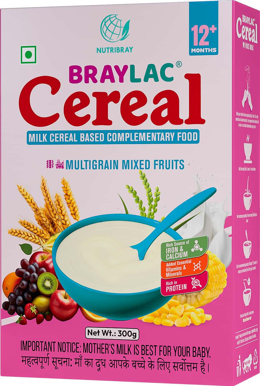 Braylac Cereal Multigrain Mixed Fruit | 300 Gm Bag In Box | For 12+ Months Baby