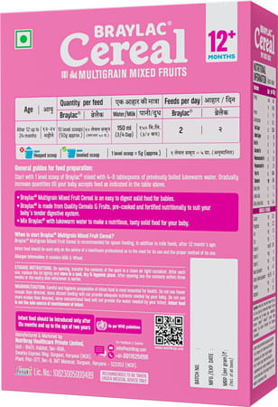 Braylac Cereal Multigrain Mixed Fruit | 300 Gm Bag In Box | For 12+ Months Baby