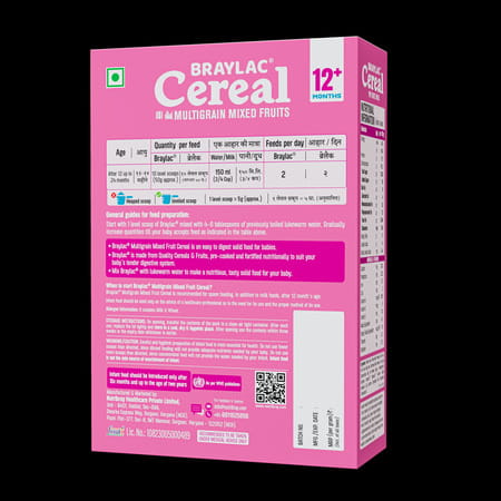 Braylac Cereal Multigrain Mixed Fruit | 300 Gm Bag In Box | For 12+ Months Baby