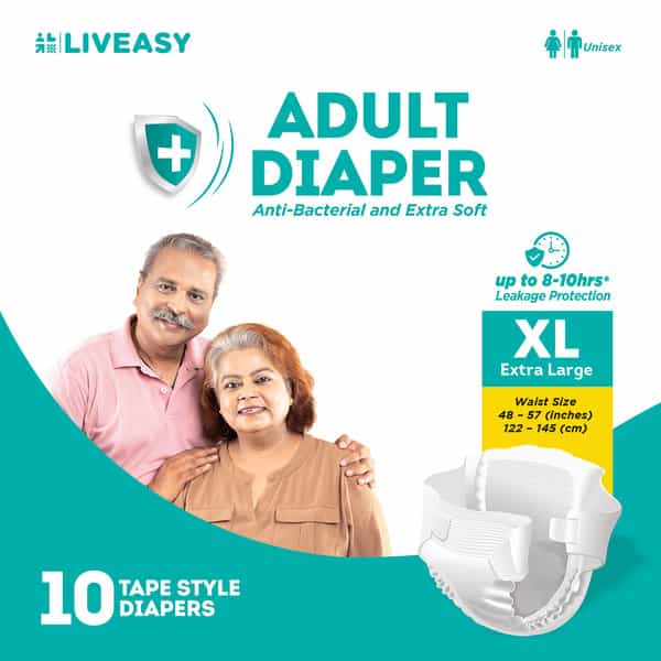 Liveasy Adult Diaper Tape Style (Xl)-10 | Anti Bacterial And Odour Lock Technology-Waist 48-57 Inch