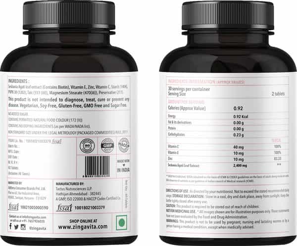 Zingavita Biotin Tablets For Hair Skin Nails Sugar Free Supplement 60 Counta