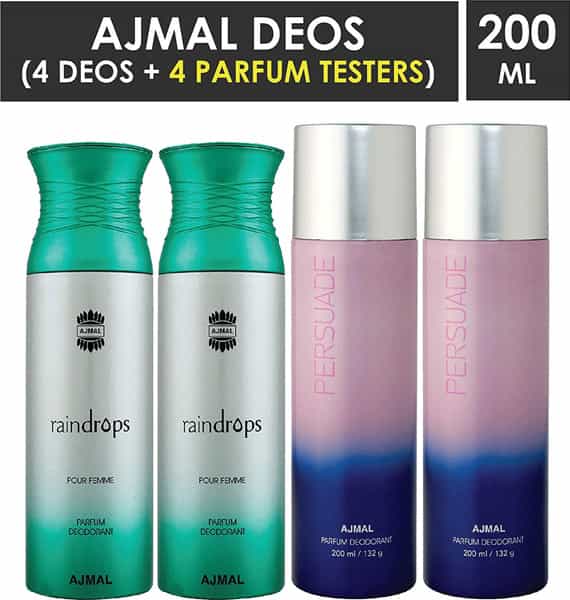 Ajmal 2 Raindrops Femme For Women And 2 Persuade For Unisex Deodorants Each 200Ml Combo Pack Of 4
