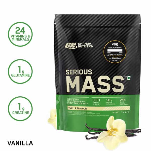 Optimum Nutrition (On) Serious Mass High Protein High Calorie Weight Gainer Powder - 1Kg Vanilla
