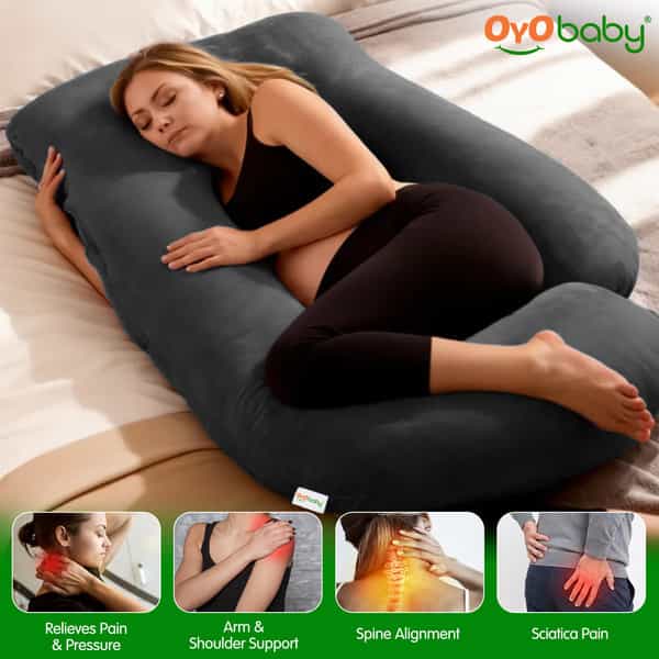 Oyo Baby Pregnancy Pillows For Sleeping J-Shape Full Body Pillow With Velvet Cover (Grey)