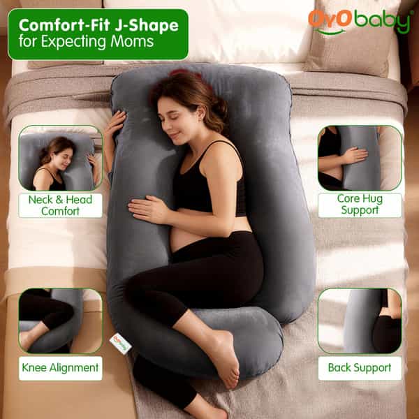 Oyo Baby Pregnancy Pillows For Sleeping J-Shape Full Body Pillow With Velvet Cover (Grey)