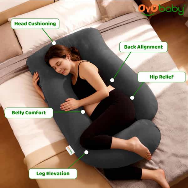 Oyo Baby Pregnancy Pillows For Sleeping J-Shape Full Body Pillow With Velvet Cover (Grey)