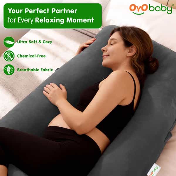 Oyo Baby Pregnancy Pillows For Sleeping J-Shape Full Body Pillow With Velvet Cover (Grey)