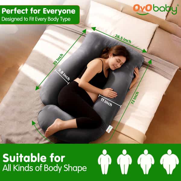 Oyo Baby Pregnancy Pillows For Sleeping J-Shape Full Body Pillow With Velvet Cover (Grey)