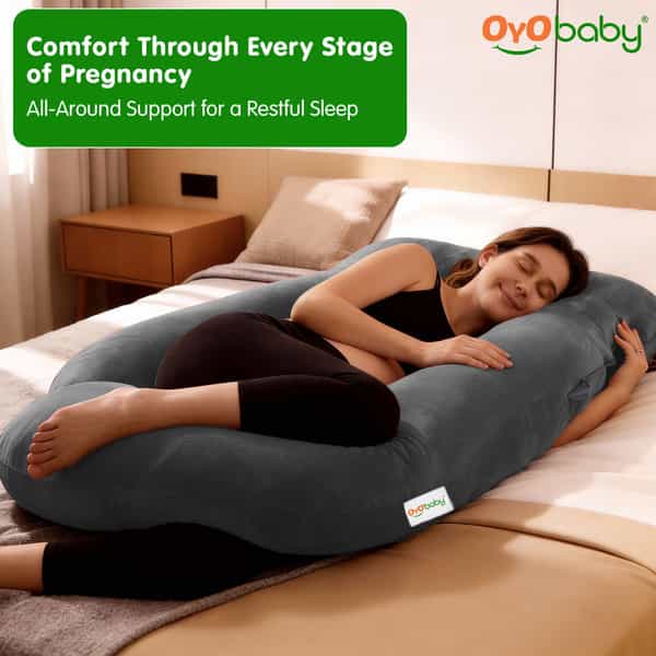 Oyo Baby Pregnancy Pillows For Sleeping J-Shape Full Body Pillow With Velvet Cover (Grey)