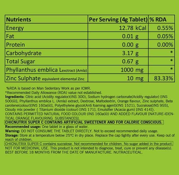 Chicnutrix Super C - Amla Extract & Zinc - 60 Effervescent Tablets - Fizzy Orange Flavour