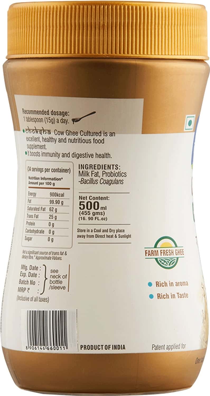 Buy CHOKSHA PROBIOTIC CULTURED COW GHEE 500 ML SUPERFOOD FOR GUT HEALTH