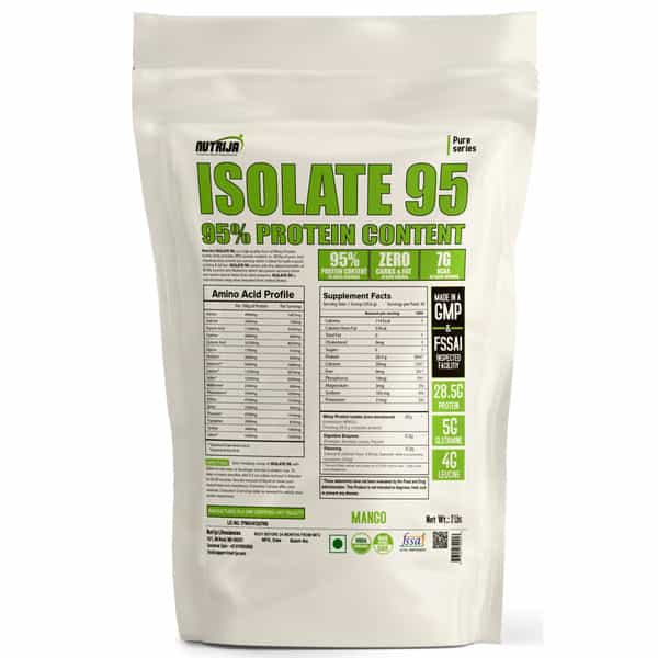 Nutrija Whey Protein Isolate 95% [Zero Carb | Zero Fat With Digestive Enzymes] - 2Lbs (Mango)