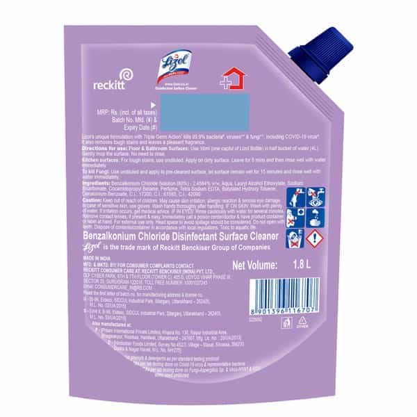 Lizol All In 1 Disinfectant Surface & Floor Cleaner Refill Pack - Lavender Kills 99.9% Germs 1.8 L