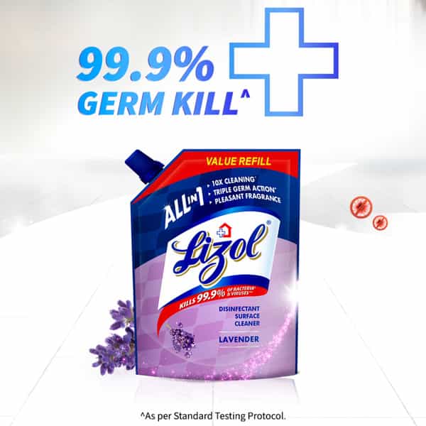 Lizol All In 1 Disinfectant Surface & Floor Cleaner Refill Pack - Lavender Kills 99.9% Germs 1.8 L
