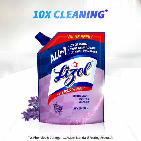 Lizol All In 1 Disinfectant Surface & Floor Cleaner Refill Pack - Lavender Kills 99.9% Germs 1.8 L