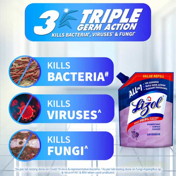 Lizol All In 1 Disinfectant Surface & Floor Cleaner Refill Pack - Lavender Kills 99.9% Germs 1.8 L